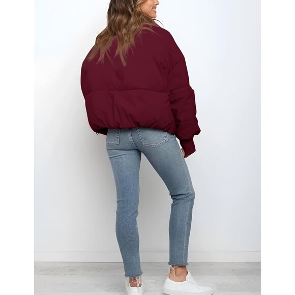 Women's Puffer Jacket Coats Short Warm Quilted Jackets with Pockets Burgundy - Picture 6 of 7